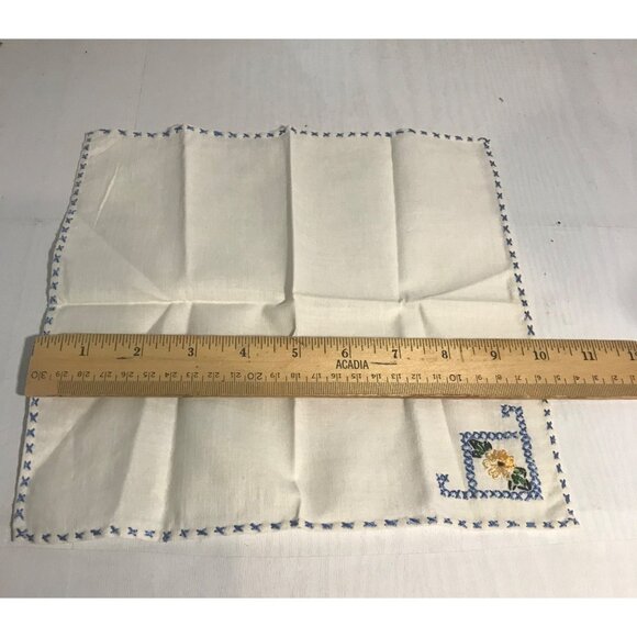 Vintage Linen Hanky Hand Embroidered With Blue Cross Stitch Border & Floral - Picture 2 of 5